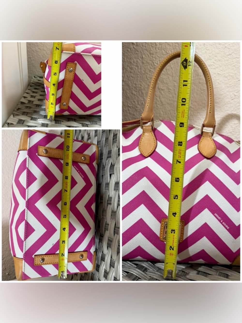 Dooney & Bourke Pink & White Geena Chevron Top Handle Satchel - Tan Leather Trim - Picture 3 of 16